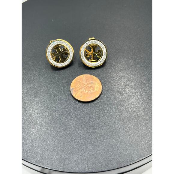 Tory Burch Miller Pavé Stud Gold Plated White Enamel Crystal Round Earrings - Picture 3 of 10